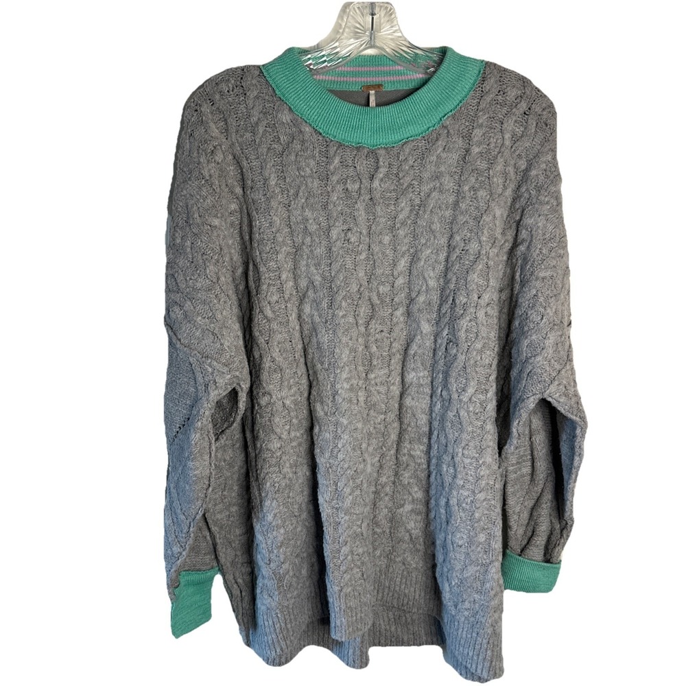 Free People Oversized Sweater Olympia Cable Crewneck Tunic Boho Gray Women's XS